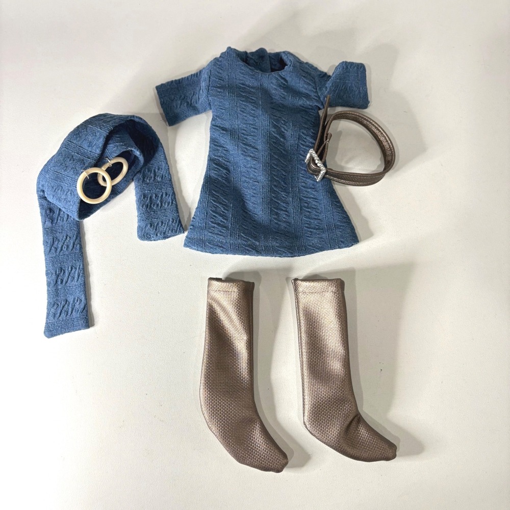 Handmade Blue Cable Knit Dress Set with Metallic Boots for 14 Inch Dolls